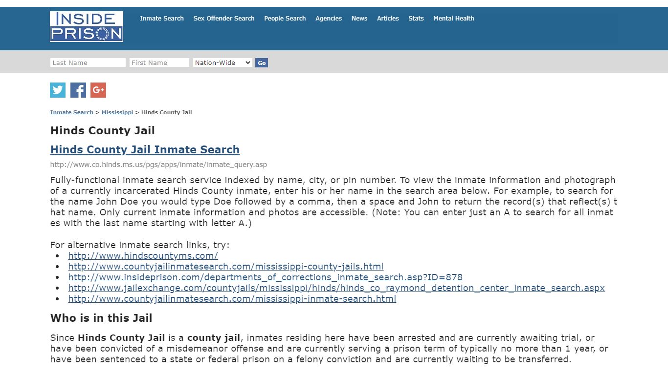 Hinds County Jail - Mississippi - Inmate Search